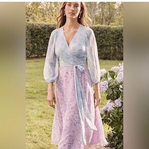 NWT Ann Taylor Blue and Lilac Floral Wrap Midi Dress w/gold threading